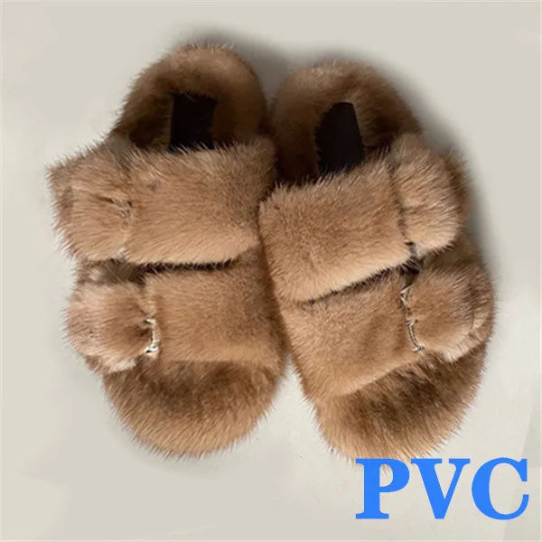 2024 Women's Fur Slippers 100% Real Mink Fur Slippers European Station Ladies Fur Slides Flat Heel Fashion Luxury Mink Slippers