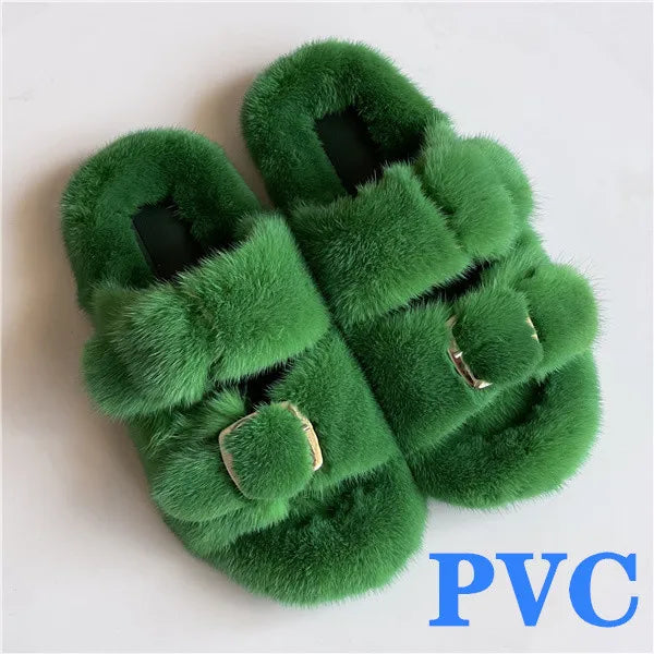 2024 Women's Fur Slippers 100% Real Mink Fur Slippers European Station Ladies Fur Slides Flat Heel Fashion Luxury Mink Slippers