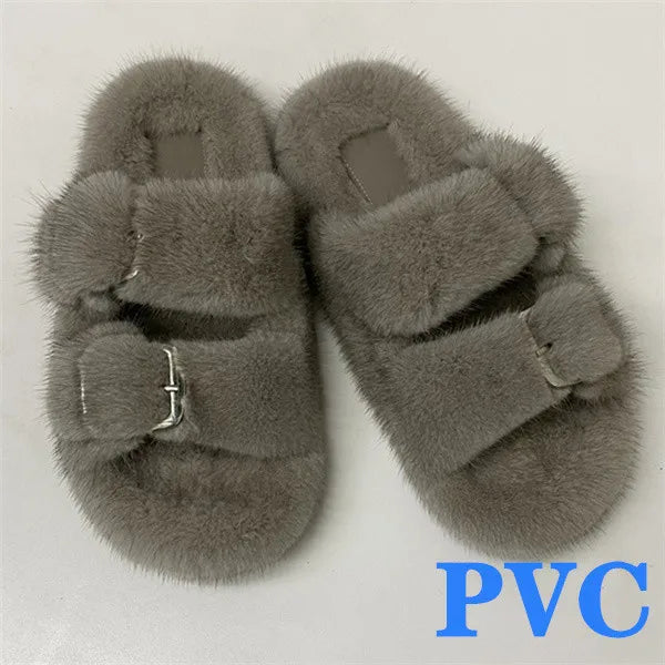 2024 Women's Fur Slippers 100% Real Mink Fur Slippers European Station Ladies Fur Slides Flat Heel Fashion Luxury Mink Slippers