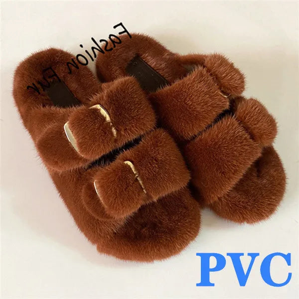 2024 Women's Fur Slippers 100% Real Mink Fur Slippers European Station Ladies Fur Slides Flat Heel Fashion Luxury Mink Slippers