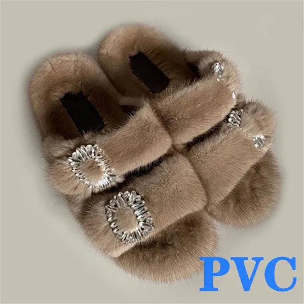 2024 Women's Fur Slippers 100% Real Mink Fur Slippers European Station Ladies Fur Slides Flat Heel Fashion Luxury Mink Slippers