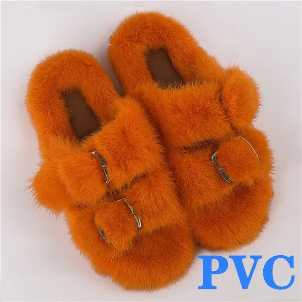2024 Women's Fur Slippers 100% Real Mink Fur Slippers European Station Ladies Fur Slides Flat Heel Fashion Luxury Mink Slippers