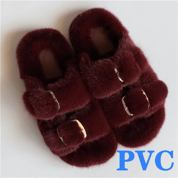 2024 Women's Fur Slippers 100% Real Mink Fur Slippers European Station Ladies Fur Slides Flat Heel Fashion Luxury Mink Slippers