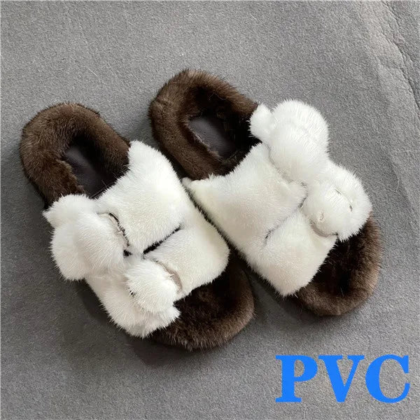 2024 Women's Fur Slippers 100% Real Mink Fur Slippers European Station Ladies Fur Slides Flat Heel Fashion Luxury Mink Slippers