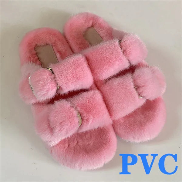 2024 Women's Fur Slippers 100% Real Mink Fur Slippers European Station Ladies Fur Slides Flat Heel Fashion Luxury Mink Slippers