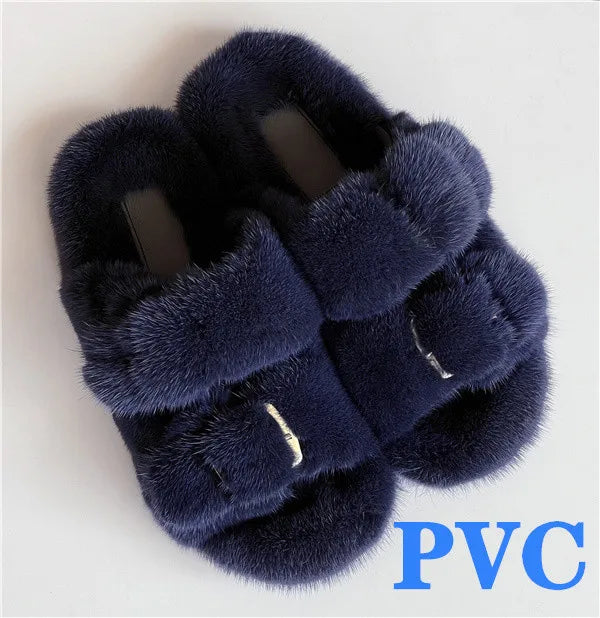 2024 Women's Fur Slippers 100% Real Mink Fur Slippers European Station Ladies Fur Slides Flat Heel Fashion Luxury Mink Slippers