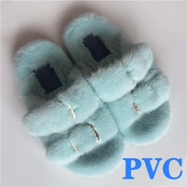 2024 Women's Fur Slippers 100% Real Mink Fur Slippers European Station Ladies Fur Slides Flat Heel Fashion Luxury Mink Slippers
