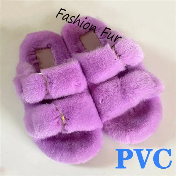 2024 Women's Fur Slippers 100% Real Mink Fur Slippers European Station Ladies Fur Slides Flat Heel Fashion Luxury Mink Slippers