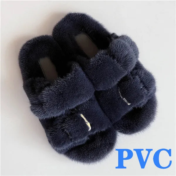 2024 Women's Fur Slippers 100% Real Mink Fur Slippers European Station Ladies Fur Slides Flat Heel Fashion Luxury Mink Slippers