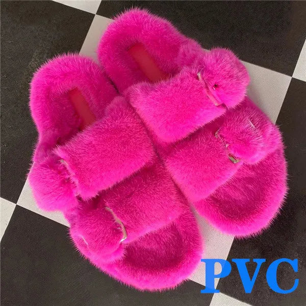 2024 Women's Fur Slippers 100% Real Mink Fur Slippers European Station Ladies Fur Slides Flat Heel Fashion Luxury Mink Slippers