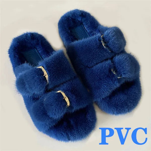 2024 Women's Fur Slippers 100% Real Mink Fur Slippers European Station Ladies Fur Slides Flat Heel Fashion Luxury Mink Slippers