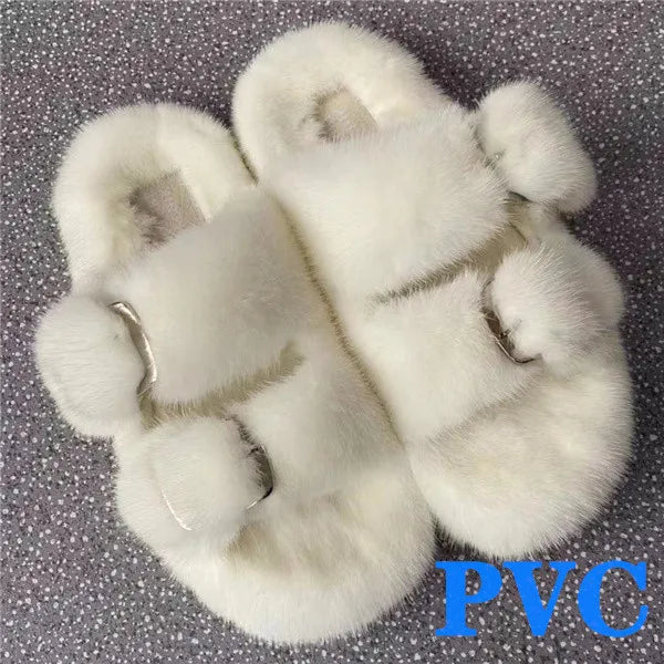 2024 Women's Fur Slippers 100% Real Mink Fur Slippers European Station Ladies Fur Slides Flat Heel Fashion Luxury Mink Slippers