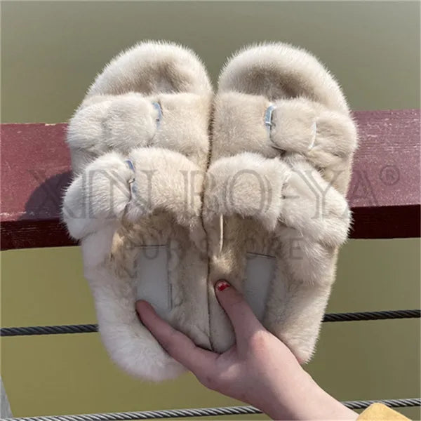 2024 Women's Fur Slippers 100% Real Mink Fur Slippers European Station Ladies Fur Slides Flat Heel Fashion Luxury Mink Slippers