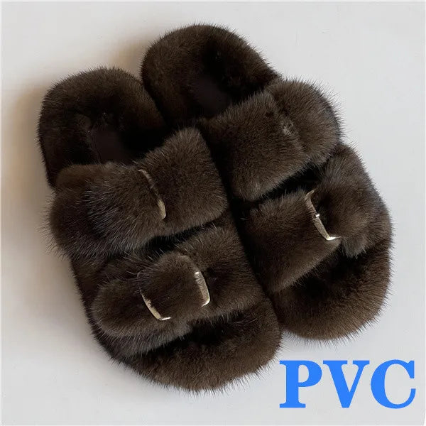 2024 Women's Fur Slippers 100% Real Mink Fur Slippers European Station Ladies Fur Slides Flat Heel Fashion Luxury Mink Slippers