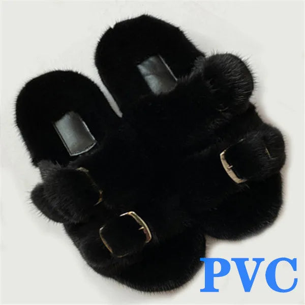 2024 Women's Fur Slippers 100% Real Mink Fur Slippers European Station Ladies Fur Slides Flat Heel Fashion Luxury Mink Slippers