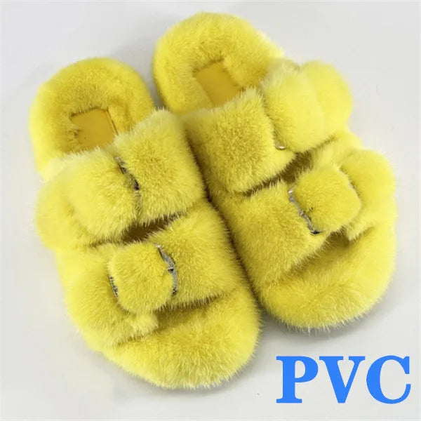 2024 Women's Fur Slippers 100% Real Mink Fur Slippers European Station Ladies Fur Slides Flat Heel Fashion Luxury Mink Slippers