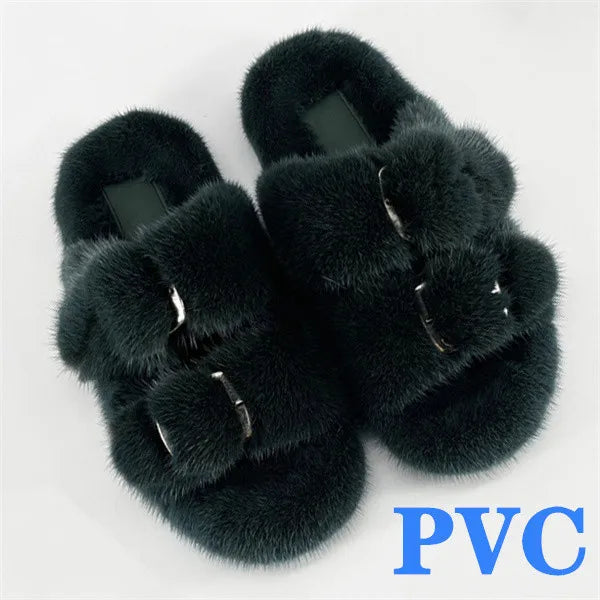 2024 Women's Fur Slippers 100% Real Mink Fur Slippers European Station Ladies Fur Slides Flat Heel Fashion Luxury Mink Slippers