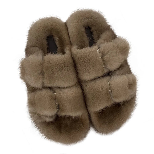 2024 Women's Fur Slippers 100% Real Mink Fur Slippers European Station Ladies Fur Slides Flat Heel Fashion Luxury Mink Slippers