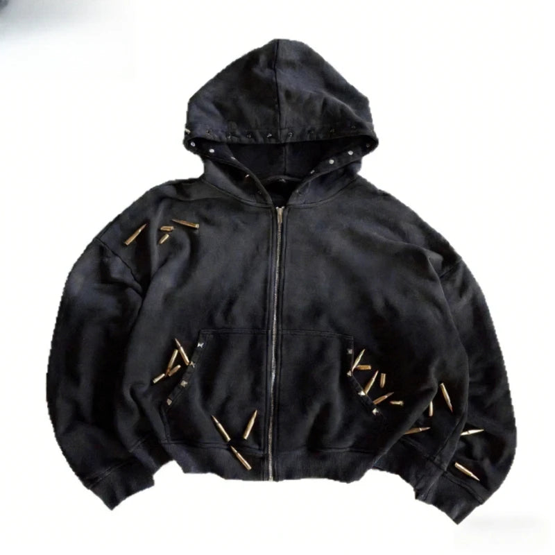 Hoodie Streetwear Solid Color Zip Up Hooded Harajuku Sweatshirt Long Sleeve Vintage Casual Unisex Retro Fashion Trend Style Man