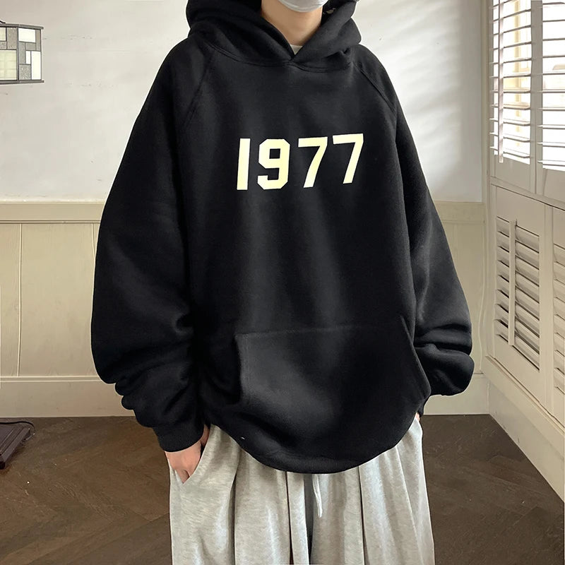 Hoodie Men Autumn New 1977 Printed Coat Loose Harajuku Hooded Pullover Men's Fashion All-match Long-sleeved Men Hoodies