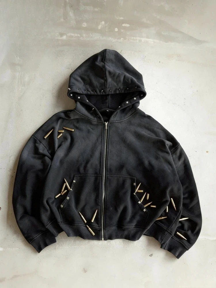 Hoodie Streetwear Solid Color Zip Up Hooded Harajuku Sweatshirt Long Sleeve Vintage Casual Unisex Retro Fashion Trend Style Man