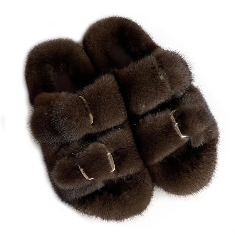 2024 Women's Fur Slippers 100% Real Mink Fur Slippers European Station Ladies Fur Slides Flat Heel Fashion Luxury Mink Slippers