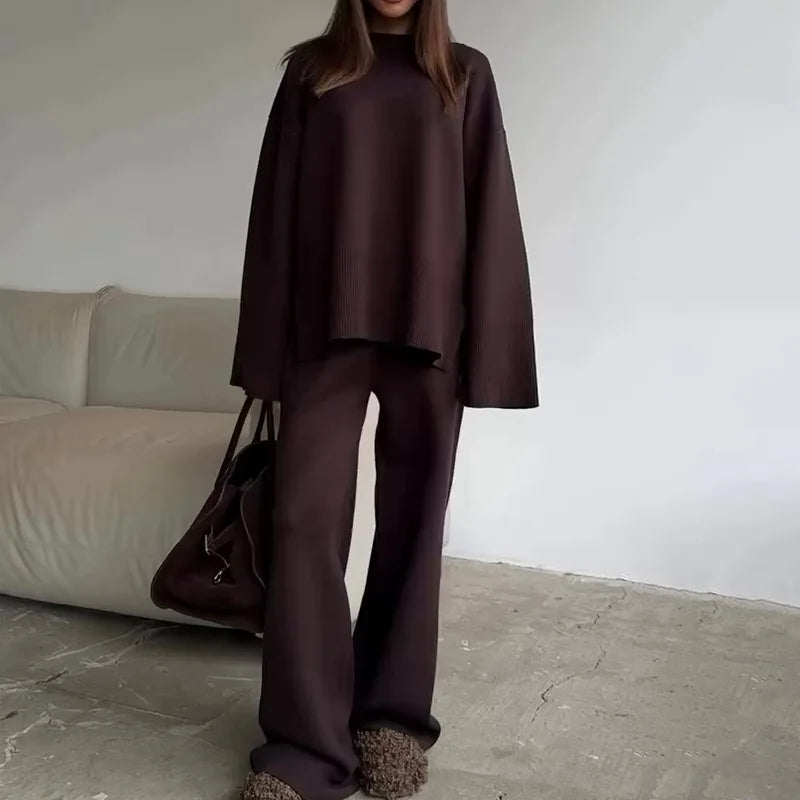 Spring Autumn Solid Color Corduroy Pants Sets Women Loose Long Sleeve Wide Legs Trousers Two Piece Set Female Commuting Clothing