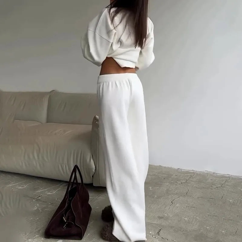 Spring Autumn Solid Color Corduroy Pants Sets Women Loose Long Sleeve Wide Legs Trousers Two Piece Set Female Commuting Clothing