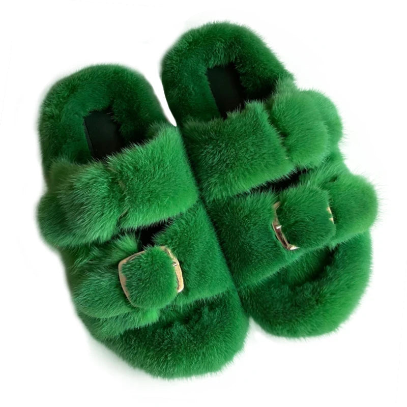 2024 Women's Fur Slippers 100% Real Mink Fur Slippers European Station Ladies Fur Slides Flat Heel Fashion Luxury Mink Slippers