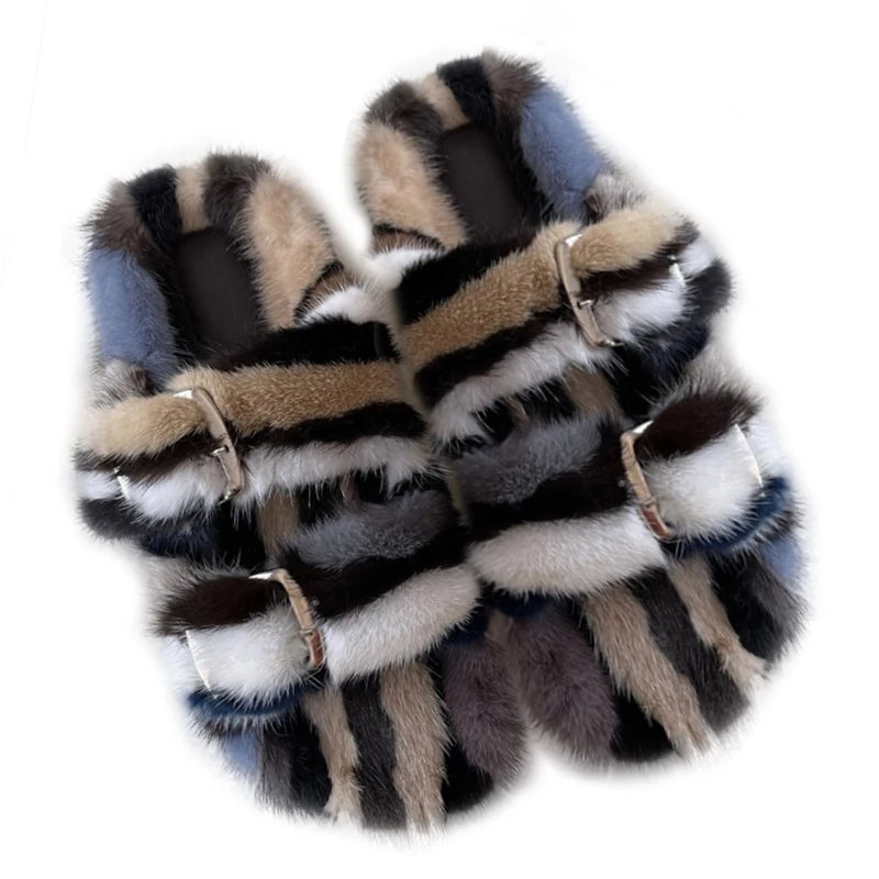 2024 Women's Fur Slippers 100% Real Mink Fur Slippers European Station Ladies Fur Slides Flat Heel Fashion Luxury Mink Slippers